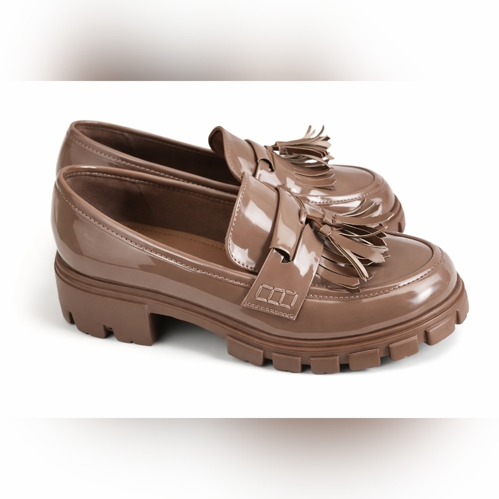 JustFab Sifia Patent Tassel Lug Sole Loafers Women’s Brown Slip-On Shoes Sz 8 - Picture 1 of 11